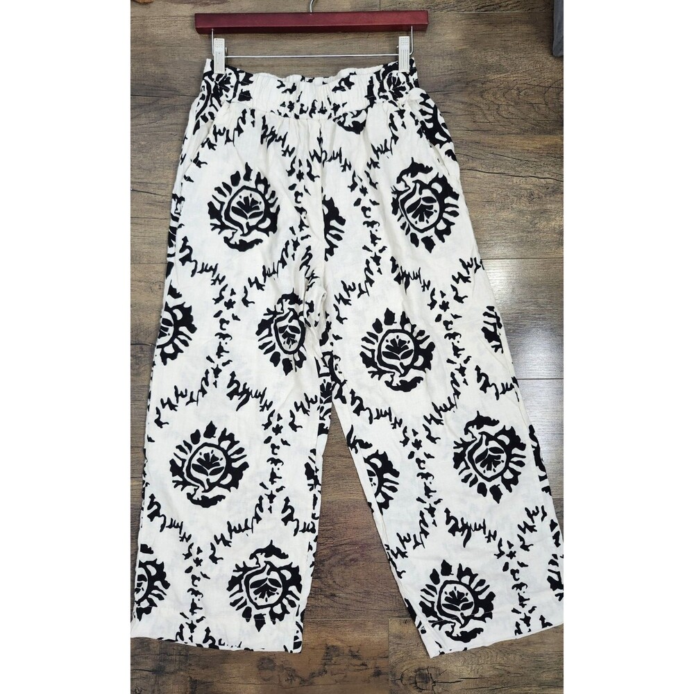 Christian Siriano Womens Small Linen Blend Wide Leg Palazzo Pants Black Cream